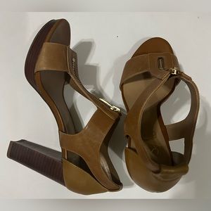 Franco Sarto Womens Size 6.5 Tan High Heels Sandals Leather Platform Shoe
